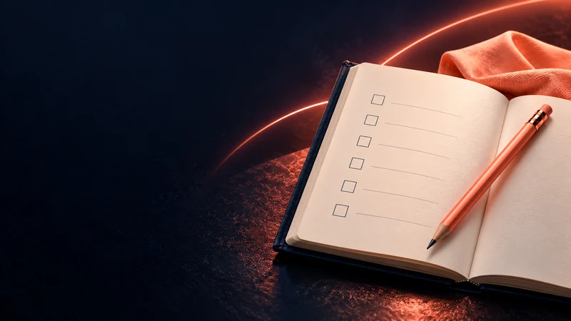 Carnet de bilan et stylo sur fond marine — illustration du bilan de condition.