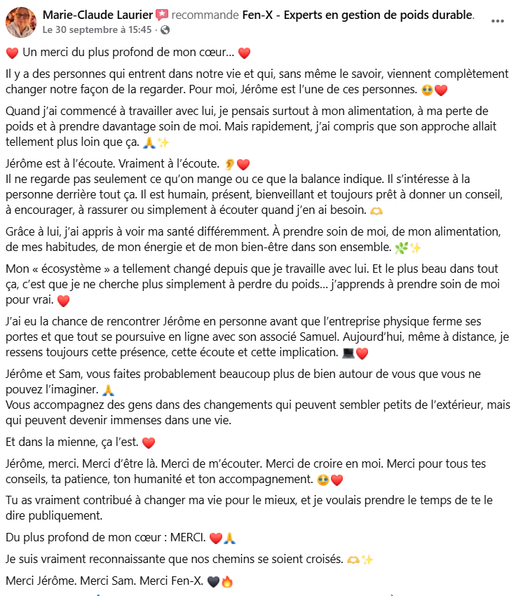 Recommandation Facebook originale de Marie-Claude Laurier sur son accompagnement Fen-X